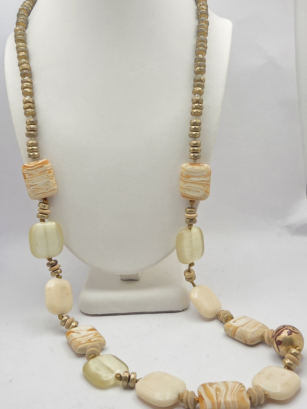 Liz Claiborne 34" Statement Necklace Neutral Swirl & Gold Beads Toggle